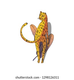 Abstract vector illustration of leopard and tropical leaves. Large cat with spotted body. Wild animal. Wildlife theme