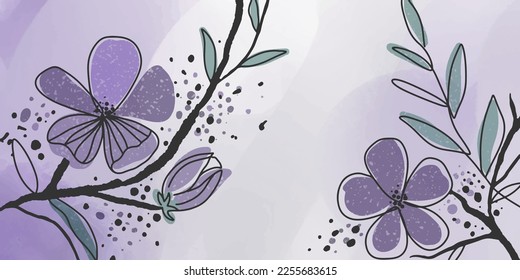 Abstract vector illustration in lilac tones with flowers, branches, leaves for backgrounds, wallpapers, presentations and decor