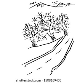 Abstract vector illustration. Line art, mountains, trees, eagles, highways