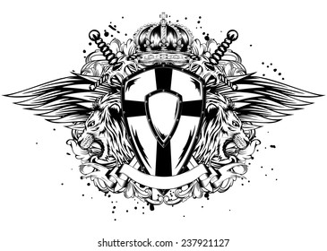 Abstract vector illustration lion board corona and crossed swords