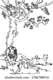 Abstract vector illustration of the lions family pride under the trees. Editable background