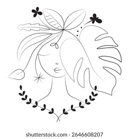 Abstract vector illustration with little girl with leaves. Trendy print with girl and plant. Apparel template design, home decoration poster