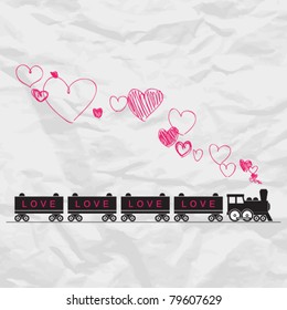 Abstract vector illustration with locomotive and hearts on a paper-background,