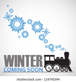 Abstract vector illustration of locomotive and snowflakes.