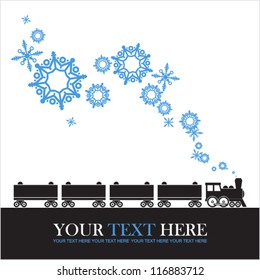 Abstract vector illustration of locomotive and snowflakes.