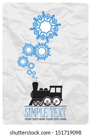 Abstract vector illustration of locomotive and snowflakes.