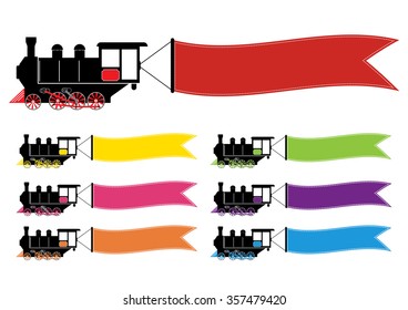 Abstract vector illustration with locomotive train with colorful banners for text banners. Flat design.