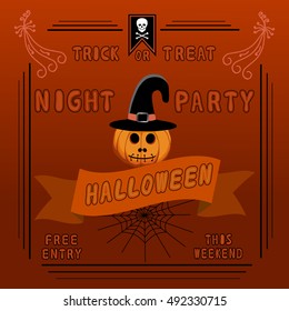 Abstract vector illustration of logo for celebrating children's holiday halloween,yellow pumpkin close-up,background.Pumpkin drawing consisting of monster to poster,party halloween,smile in pumpkins.