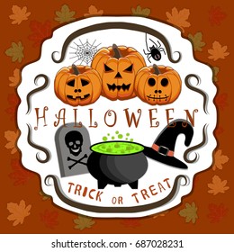 Abstract vector illustration of logo for celebrating children's holiday Halloween, Spider. Pumpkin pattern of spider, bat on party halloween, yellow pumpkin. Smile pumpkins, spiders halloweens, skull.