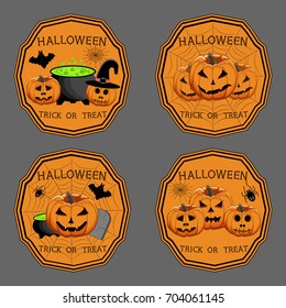 Abstract vector illustration of logo for celebrating children's holiday Halloween, Spider. Pumpkin pattern of spider, bat on party halloween, yellow pumpkin. Smile pumpkins, spiders halloweens, skull.