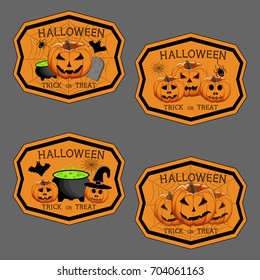 Abstract vector illustration of logo for celebrating children's holiday Halloween, Spider. Pumpkin pattern of spider, bat on party halloween, yellow pumpkin. Smile pumpkins, spiders halloweens, skull.