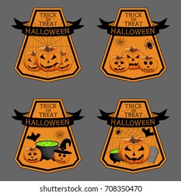 Abstract vector illustration of logo for celebrating children's holiday Halloween, Spider. Pumpkin pattern of spider, bat on party halloween, yellow pumpkin. Smile pumpkins, spiders halloweens, skull.