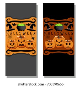 Abstract vector illustration of logo for celebrating children's holiday Halloween, Spider. Pumpkin pattern of spider, bat on party halloween, yellow pumpkin. Smile pumpkins, spiders halloweens, skull.