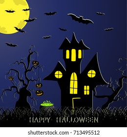 Abstract vector illustration of logo for celebrating children's holiday Halloween, Spider. Pumpkin pattern of spider, bat on party halloween, yellow pumpkin. Smile pumpkins, spiders halloweens, skull.