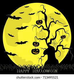 Abstract vector illustration of logo for celebrating children's holiday Halloween, Spider. Pumpkin pattern of spider, bat on party halloween, yellow pumpkin. Smile pumpkins, spiders halloweens, skull.