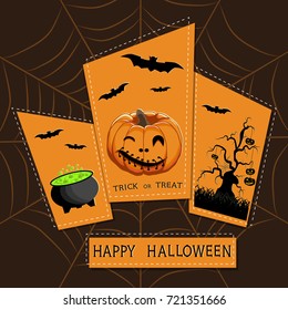 Abstract vector illustration of logo for celebrating children's holiday Halloween, Spider. Pumpkin pattern of spider, bat on party halloween, yellow pumpkin. Smile pumpkins, spiders halloweens, skull.