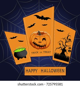 Abstract vector illustration of logo for celebrating children's holiday Halloween, Spider. Pumpkin pattern of spider, bat on party halloween, yellow pumpkin. Smile pumpkins, spiders halloweens, skull.