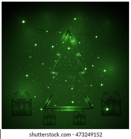 Abstract vector illustration of logo for the celebration of holidays christmas, New Year, green tree and gifts with fireworks closeup background. Christmas drawing consisting of festival postcard.
