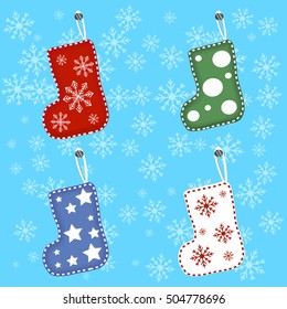 Abstract vector illustration logo for the celebration of holidays merry christmas,new year.Christmas sock,stocking drawing consisting of green tree,gift,postcard spruce twigs,colorful socks,stockings.