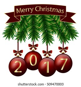 Abstract vector illustration of logo for the celebration of holidays merry christmas,new year.New 2017 Year,Christmas drawing consisting of green tree,gifts,postcard spruce twigs,colorful balls,wreath
