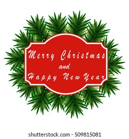 Abstract vector illustration of logo for the celebration of holidays merry christmas,new year.New 2017 Year,Christmas drawing consisting of green tree,gifts,postcard spruce twigs,colorful balls,wreath