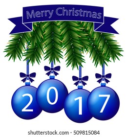 Abstract vector illustration of logo for the celebration of holidays merry christmas,new year.New 2017 Year,Christmas drawing consisting of green tree,gifts,postcard spruce twigs,colorful balls,wreath