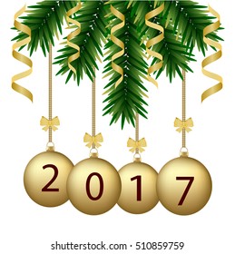 Abstract vector illustration of logo for the celebration of holidays merry christmas,new year.New 2017 Year,Christmas drawing consisting of green tree,gifts,postcard spruce twigs,colorful balls,wreath