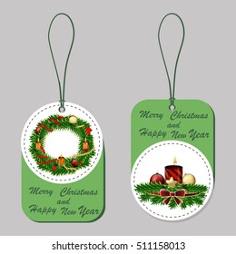 Abstract vector illustration of logo for the celebration of holidays merry christmas,new year.New 2017 Year,Christmas drawing consisting of green tree,postcard,colorful balls,wreath twine rope bow,art