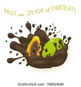 Abstract vector illustration logo for exotic fruit green papaya, splash of drop chocolate. Papaya pattern consisting of splashes drip flow liquid Chocolate. Eat sweet fruits papayas in chocolates.