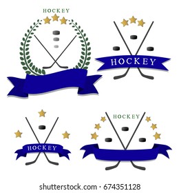 Abstract vector illustration logo game hockey, flying black puck, stick closeup on background. Hockey pattern consisting of fitness,sports equipment,Stick icon.Play in ice hockeyes,round pucks,sticks.