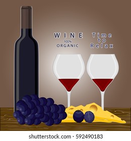 Abstract vector illustration of logo for glass bottle of red, white wine, winery grape. Winery pattern consisting of bottles alcohol vine, wooden board, icon grapes wineglass. Grape vines of wineries.