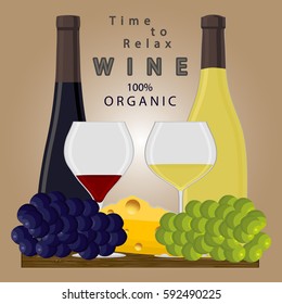 Abstract vector illustration of logo for glass bottle of red, white wine, winery grape. Winery pattern consisting of bottles alcohol vine, wooden board, icon grapes wineglass. Grape vines of wineries.