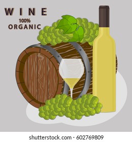 Abstract vector illustration of logo for glass bottle of red, white wine, winery grape. Winery pattern consisting of bottles alcohol vine, wooden board, icon grapes wineglass. Grape vines of wineries.