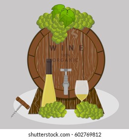 Abstract vector illustration of logo for glass bottle of red, white wine, winery grape. Winery pattern consisting of bottles alcohol vine, wooden board, icon grapes wineglass. Grape vines of wineries.