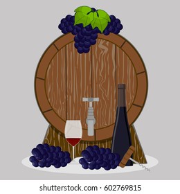 Abstract vector illustration of logo for glass bottle of red, white wine, winery grape. Winery pattern consisting of bottles alcohol vine, wooden board, icon grapes wineglass. Grape vines of wineries.