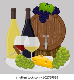 Abstract vector illustration of logo for glass bottle of red, white wine, winery grape. Winery pattern consisting of bottles alcohol vine, wooden board, icon grapes wineglass. Grape vines of wineries.