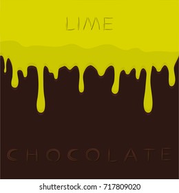 Abstract vector illustration logo green fruit lime dripping on brown chocolate, background citruses. Lime pattern consisting of dark tasty sweet liquid,splashing citrus.Eat chocolates, limes and lemon