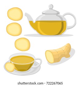 Abstract vector illustration logo for home ginger tea cup in teapot. Teapot pattern consisting of mug handle, porcelain cups, teabag, glass teacup brewed liquid. Drink fresh gingers teas in teapots.