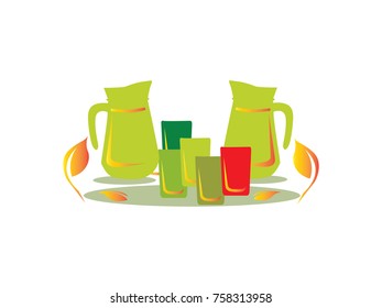 Abstract vector illustration logo for home tea pot.Tea drawing pattern consisting of glass with handle,glass teacup,teapot brewed liquid.Drink fresh teas for health