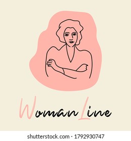 Abstract vector illustration or logo with image of mature woman lady or young girl in one line style. Symbol trendsetter, couturier. One line art design for cover fashion magazine or T-shirt print.