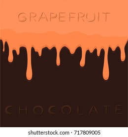Abstract vector illustration logo pink fruit grapefruit dripping on brown chocolate. Grapefruit pattern consisting of dark tasty sweet liquid, splashing citrus. Eat chocolates, grapefruits on health.