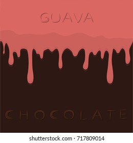 Abstract vector illustration logo pink fruit guava dripping on brown chocolate, background. Guava pattern consisting of dark tasty sweet liquid, splashing exotic pear. Eat chocolates, guavas on health