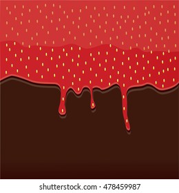 Abstract vector illustration logo red berry strawberry dripping on brown chocolate. Strawberry pattern consisting of dark tasty sweet liquid, splashing fruit.  Eat chocolates, strawberries on health.