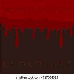 Abstract vector illustration logo red fruit pomegranate dripping on brown chocolate. Pomegranate pattern consisting of dark tasty sweet liquid,splashing garnet. Eat chocolates, pomegranates on health.