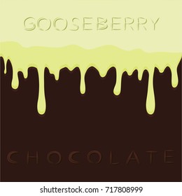 Abstract vector illustration logo red berry gooseberry dripping on brown chocolate. Gooseberry pattern consisting of dark tasty sweet liquid, splashing amla fruit.Eat chocolates,gooseberries on health