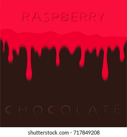 Abstract vector illustration logo red berry raspberry dripping on brown chocolate. Raspberry pattern consisting of dark tasty sweet liquid, splashing fruit. Eat chocolates, raspberries on health.