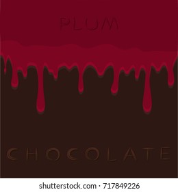 Abstract vector illustration logo red fruit plum dripping on brown chocolate, background. Plum pattern consisting of dark tasty sweet liquid, splashing cream fruits. Eat chocolates, plums on health.