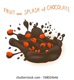Abstract vector illustration logo for ripe berry red rose hip, splash of drop chocolate. Rose Hip pattern consisting of splashes drip flow liquid Chocolate. Eat berries rosa rosehips in chocolates.