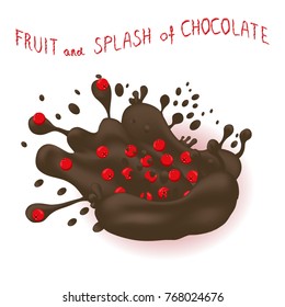 Abstract vector illustration logo ripe berry red cranberry, splash of drop chocolate. Cranberry pattern consisting of splashes drip flow liquid Chocolate. Eat sweet berries cranberries in chocolates.