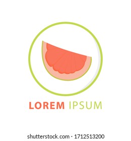 Abstract vector illustration logo whole ripe fruit pomelo, green leaf, cut half grapefruit sliced. 